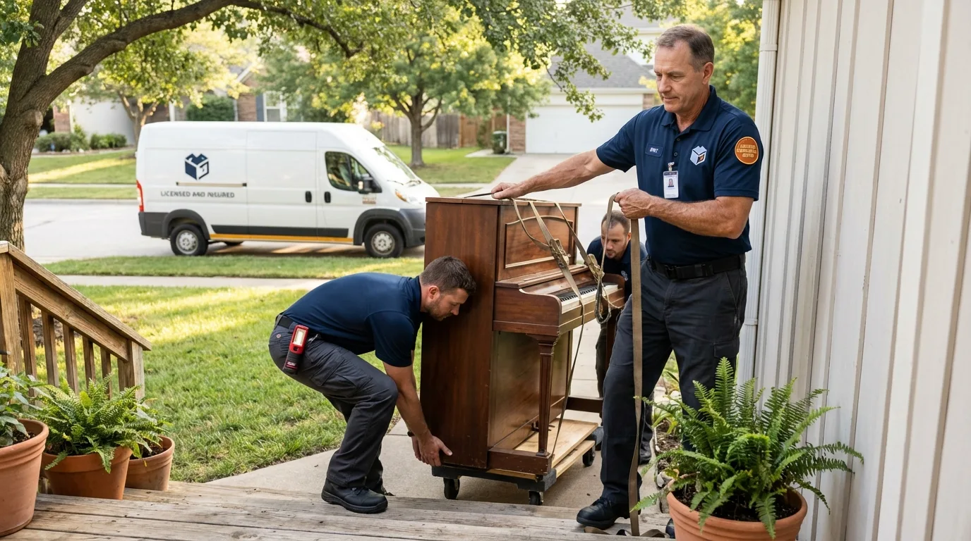 Licensed piano movers securing grand piano in Florence, WI