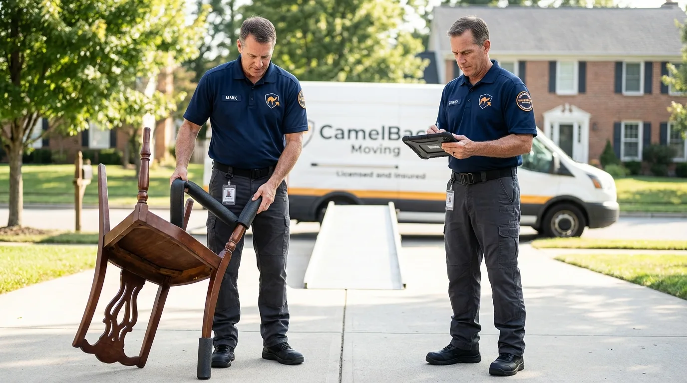 Movers inspecting furniture for damage prevention before loading in Florence, WI